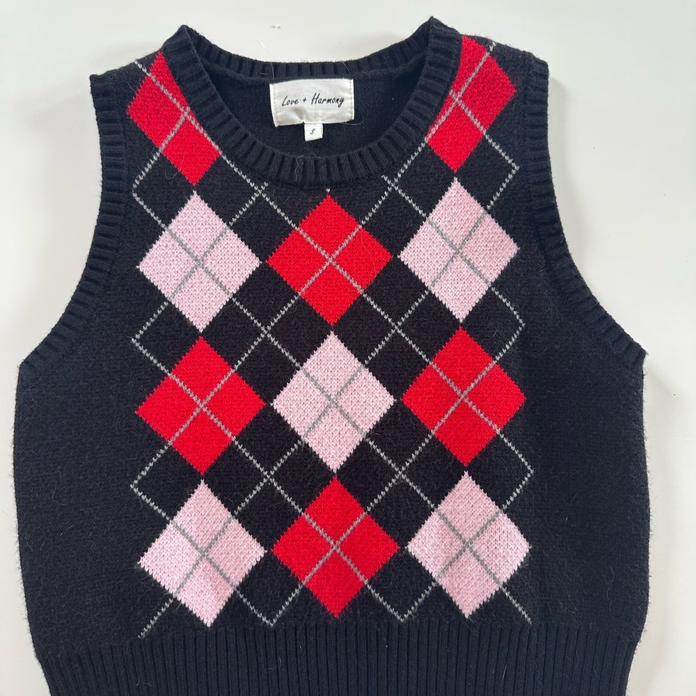 Women's Argyle V-Neck Sweater Vest - Black, Red, Pink